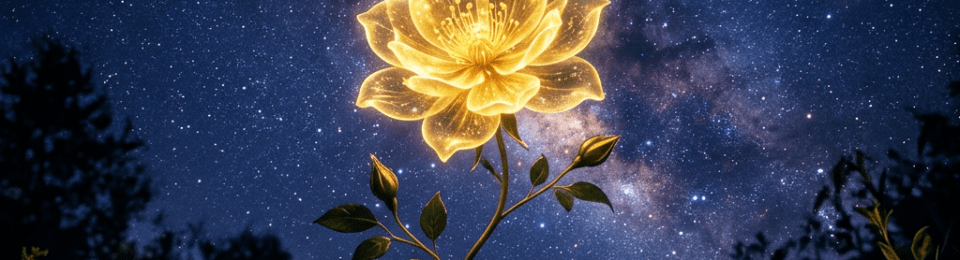 A glowing golden lotus flower with green leaves illuminated under a star-filled night sky with the Milky Way visible.