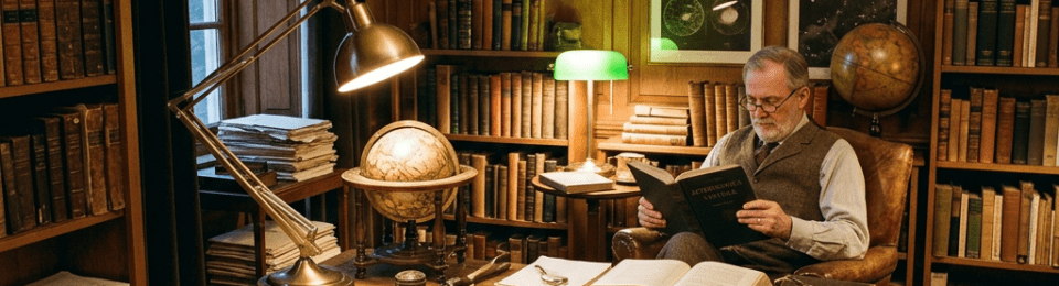 Scholar reading an astronomy book at a desk surrounded by star charts