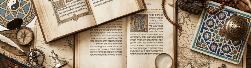 Open sacred books, maps, religious artifacts, beads, and cultural objects on a tabletop